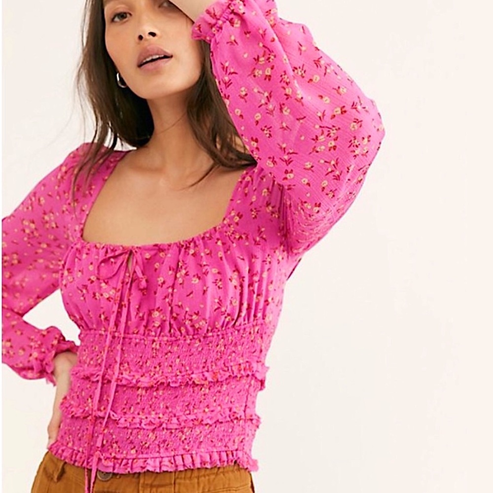NWOT Free People Lolita Smocked Top Floral PINK - SIZE M